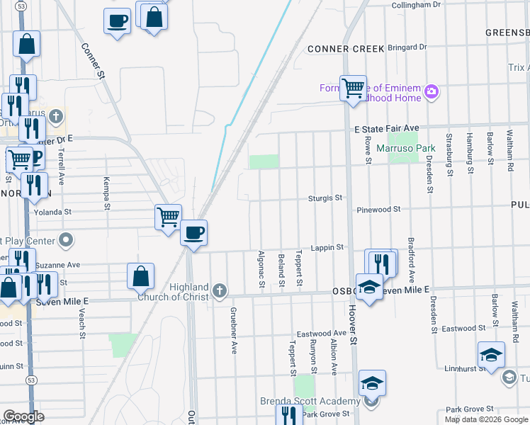 map of restaurants, bars, coffee shops, grocery stores, and more near 19416 Algonac Street in Detroit