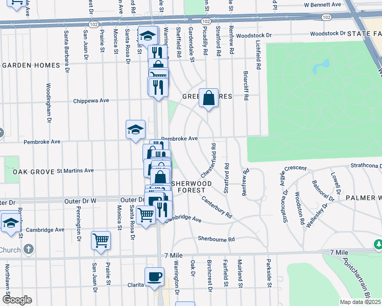 map of restaurants, bars, coffee shops, grocery stores, and more near 19680 Shrewsbury Road in Detroit