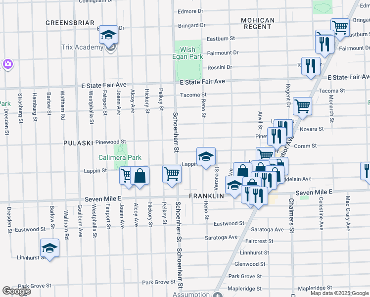 map of restaurants, bars, coffee shops, grocery stores, and more near 13627 Pfent Street in Detroit