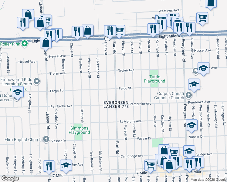 map of restaurants, bars, coffee shops, grocery stores, and more near 19962 Burt Road in Detroit