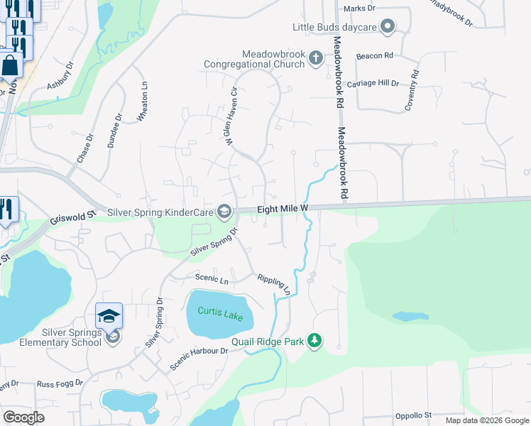 map of restaurants, bars, coffee shops, grocery stores, and more near 41885 Baseline Road in Northville