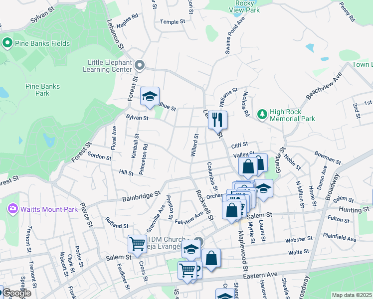 map of restaurants, bars, coffee shops, grocery stores, and more near 27 Gilbert Street in Malden