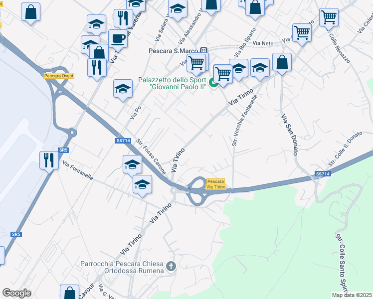 map of restaurants, bars, coffee shops, grocery stores, and more near 266 Via Tirino in Pescara