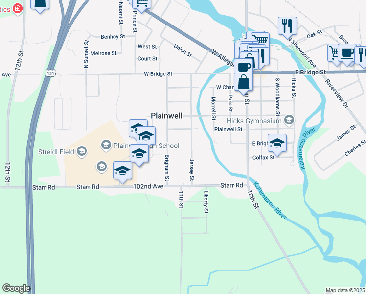 map of restaurants, bars, coffee shops, grocery stores, and more near 610 Jersey Street in Plainwell
