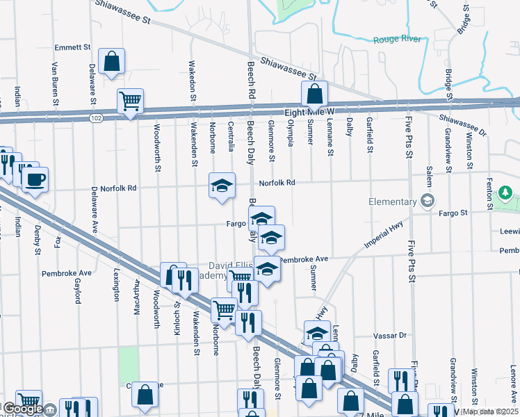 map of restaurants, bars, coffee shops, grocery stores, and more near 20054 Beech Daly in Wayne County