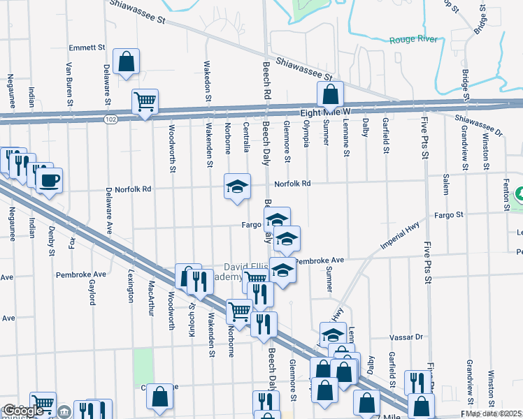 map of restaurants, bars, coffee shops, grocery stores, and more near 20063 Beech Daly in Redford Charter Township