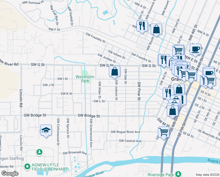 map of restaurants, bars, coffee shops, grocery stores, and more near 1003 Southwest J Street in Grants Pass
