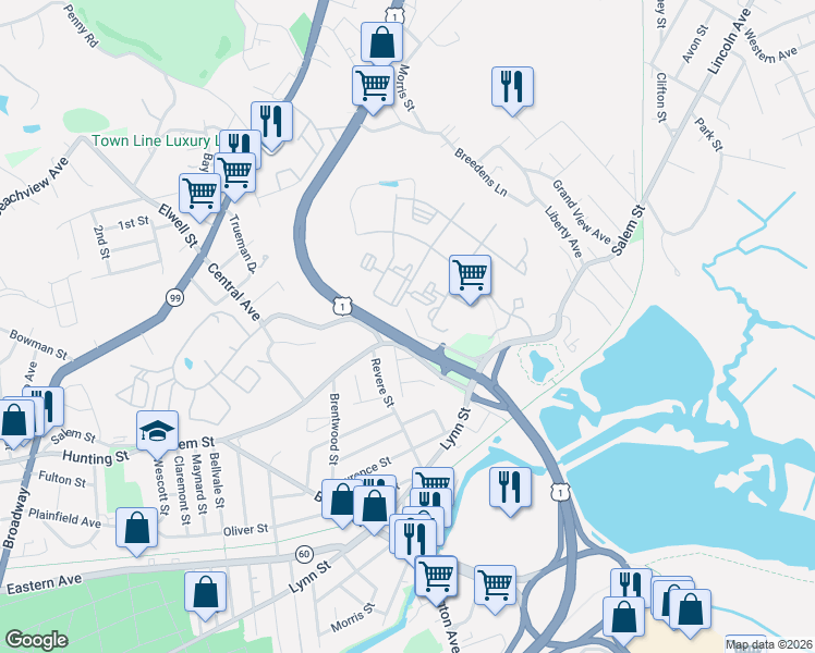 map of restaurants, bars, coffee shops, grocery stores, and more near 5 Vining Street in Malden