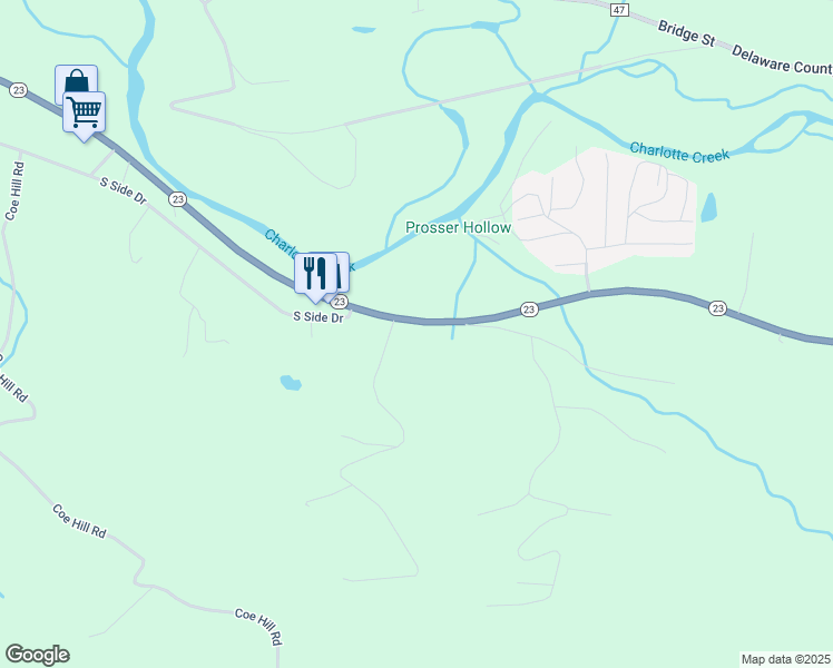 map of restaurants, bars, coffee shops, grocery stores, and more near 7536 Highway 23 in Oneonta