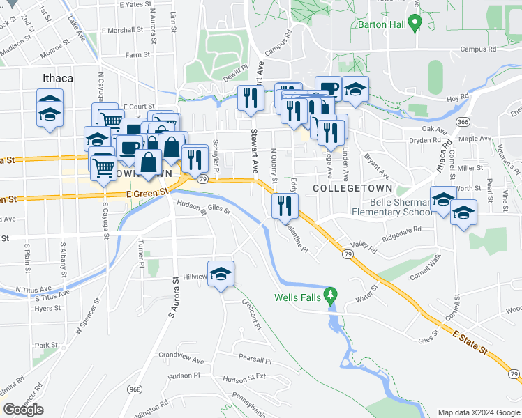 map of restaurants, bars, coffee shops, grocery stores, and more near 114 Ferris Place in Ithaca