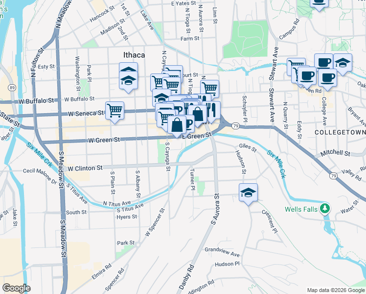 map of restaurants, bars, coffee shops, grocery stores, and more near 131-135 West Green Street in Ithaca