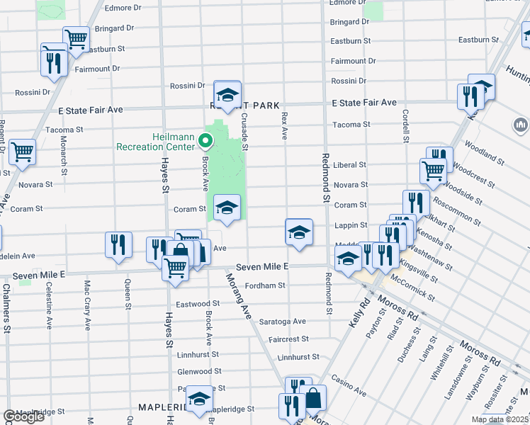 map of restaurants, bars, coffee shops, grocery stores, and more near 15682 Coram Street in Detroit