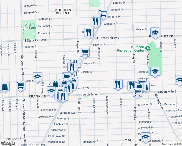 map of restaurants, bars, coffee shops, grocery stores, and more near 14542 Coram Street in Detroit