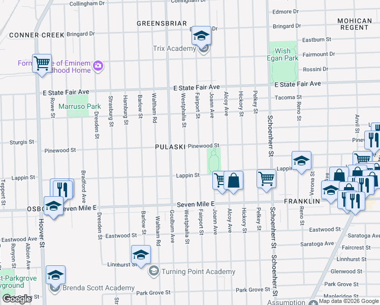map of restaurants, bars, coffee shops, grocery stores, and more near 19396 Westphalia Street in Detroit
