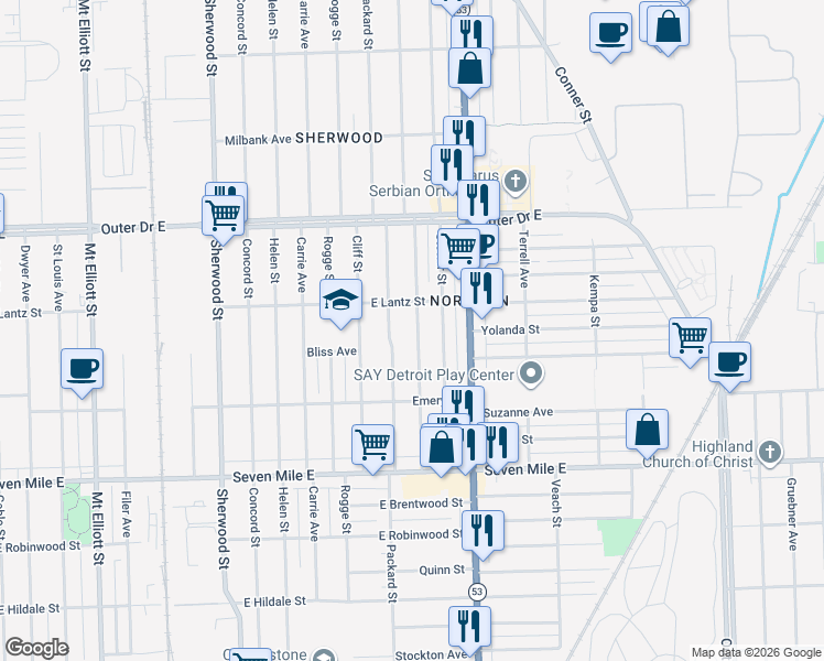 map of restaurants, bars, coffee shops, grocery stores, and more near 19445 Spencer Avenue in Detroit