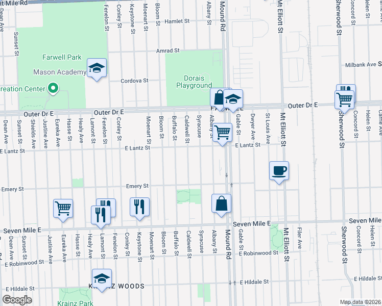map of restaurants, bars, coffee shops, grocery stores, and more near 19437 Caldwell Street in Detroit