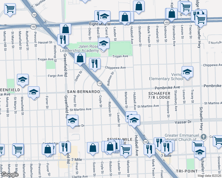 map of restaurants, bars, coffee shops, grocery stores, and more near 19901 Lauder Street in Detroit