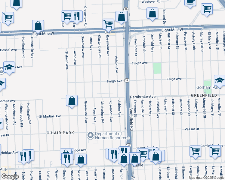 map of restaurants, bars, coffee shops, grocery stores, and more near 19929 Ashton Avenue in Detroit