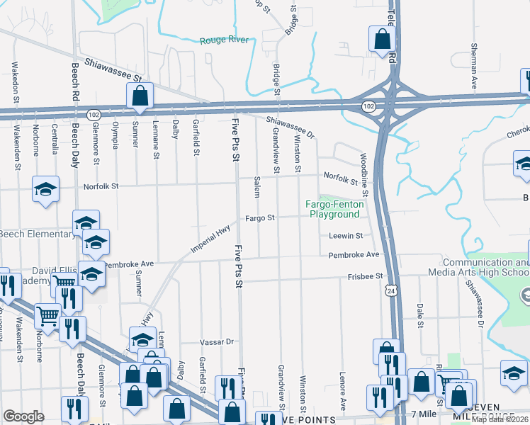 map of restaurants, bars, coffee shops, grocery stores, and more near 20010 Salem in Detroit