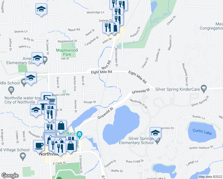 map of restaurants, bars, coffee shops, grocery stores, and more near 665 River Park Village Boulevard in Northville