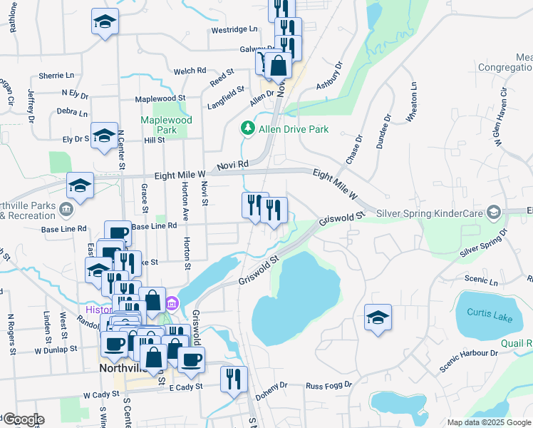 map of restaurants, bars, coffee shops, grocery stores, and more near 665 River Park Village Boulevard in Northville
