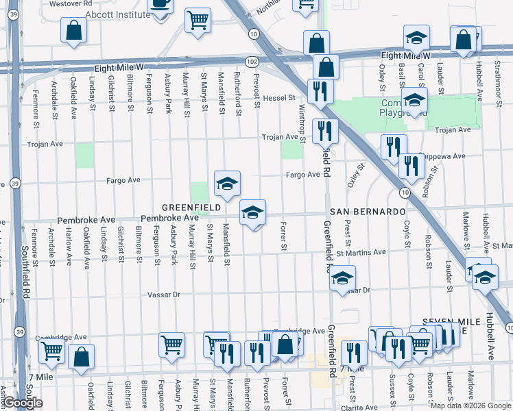 map of restaurants, bars, coffee shops, grocery stores, and more near 19919 Prevost Street in Detroit