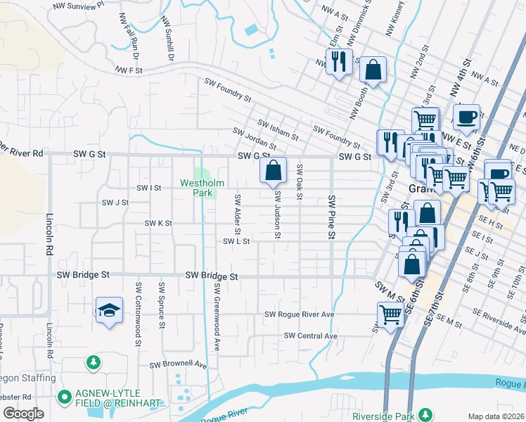 map of restaurants, bars, coffee shops, grocery stores, and more near 1003 Southwest J Street in Grants Pass