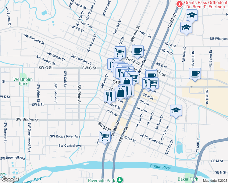 map of restaurants, bars, coffee shops, grocery stores, and more near 231 Southwest I Street in Grants Pass