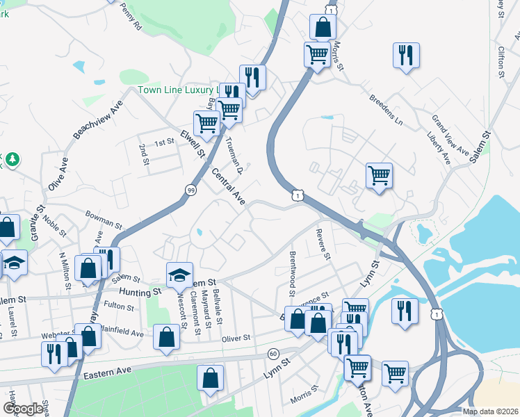 map of restaurants, bars, coffee shops, grocery stores, and more near 118 Kennedy Drive in Malden