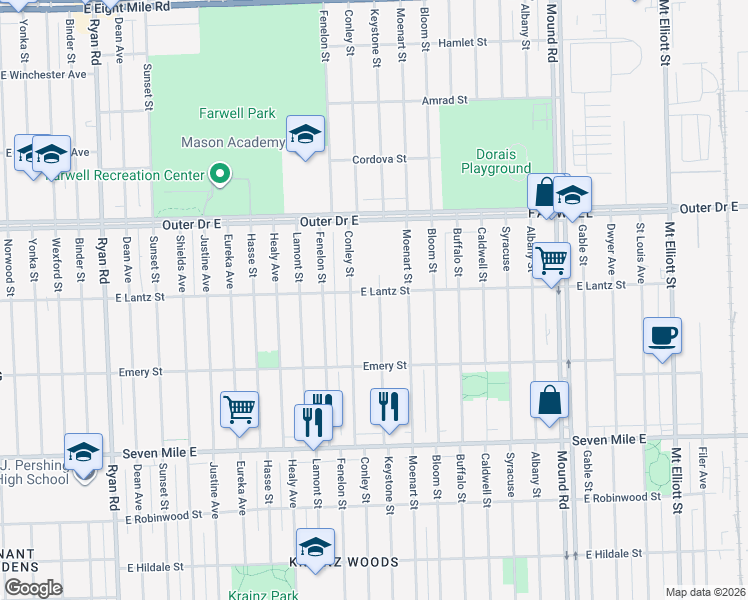 map of restaurants, bars, coffee shops, grocery stores, and more near 19445 Keystone Street in Detroit