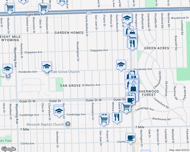 map of restaurants, bars, coffee shops, grocery stores, and more near 19776 Pennington Drive in Detroit