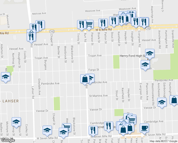 map of restaurants, bars, coffee shops, grocery stores, and more near 19962 Burt Rd in Detroit