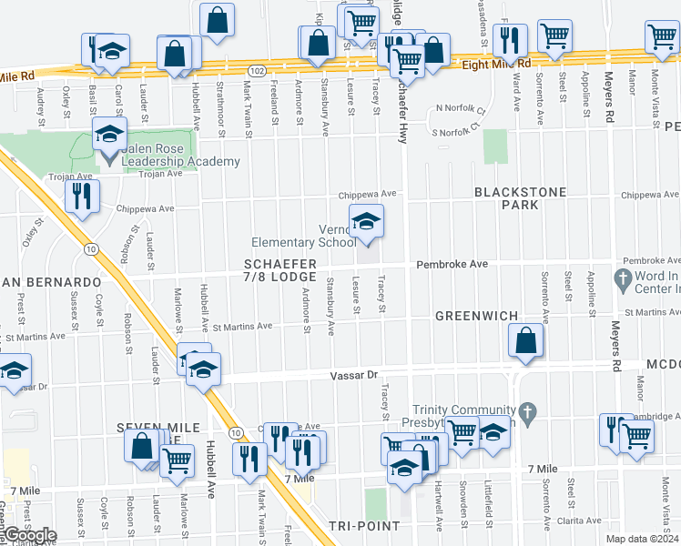 map of restaurants, bars, coffee shops, grocery stores, and more near 19816 Stansbury Avenue in Detroit