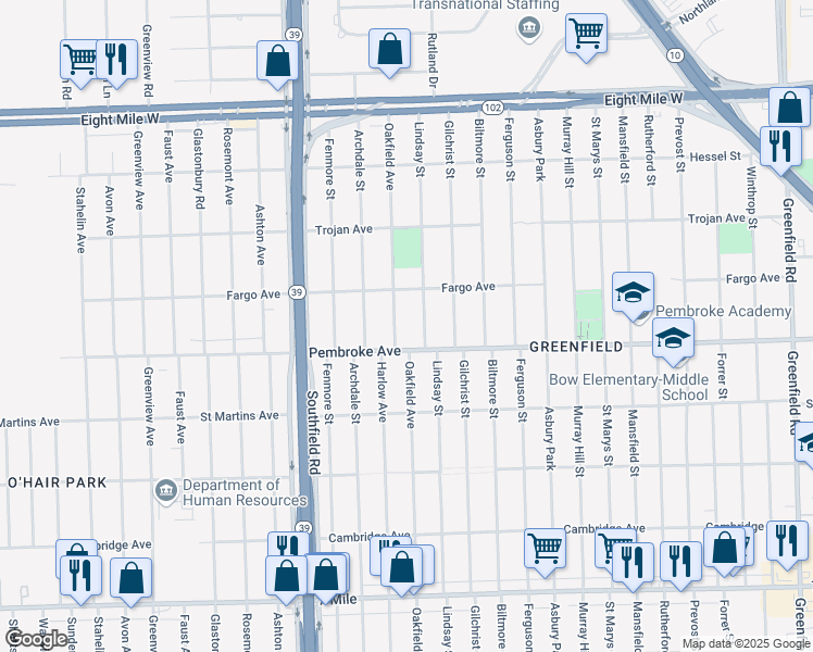map of restaurants, bars, coffee shops, grocery stores, and more near 19930 Oakfield Avenue in Detroit