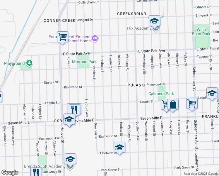 map of restaurants, bars, coffee shops, grocery stores, and more near 19409 Hamburg Street in Detroit