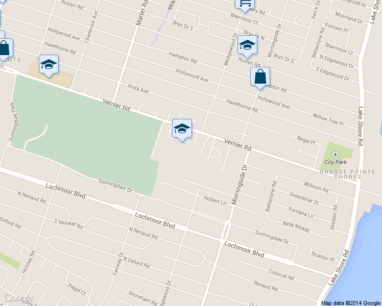 map of restaurants, bars, coffee shops, grocery stores, and more near 20600 Vernier Circle in Grosse Pointe Woods