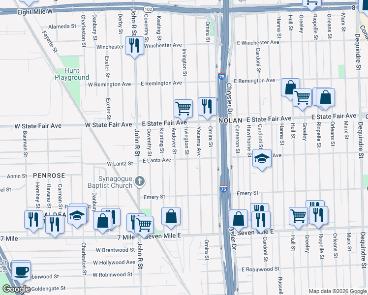 map of restaurants, bars, coffee shops, grocery stores, and more near 19651 Irvington Street in Highland Park