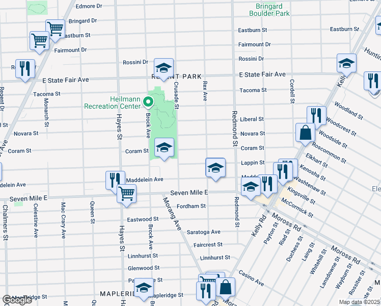 map of restaurants, bars, coffee shops, grocery stores, and more near 15682 Coram Street in Detroit