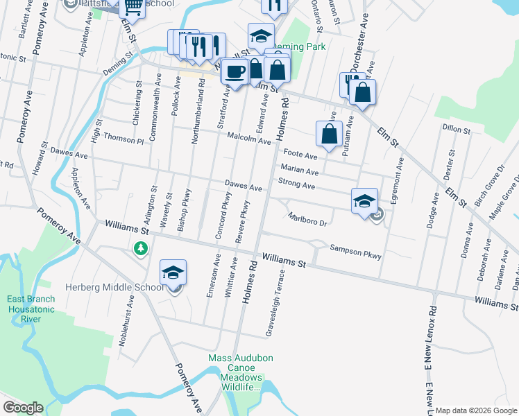 map of restaurants, bars, coffee shops, grocery stores, and more near 128 Holmes Road in Pittsfield