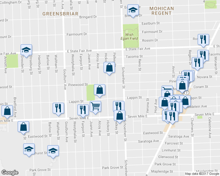 map of restaurants, bars, coffee shops, grocery stores, and more near 19374 Hickory Street in Detroit