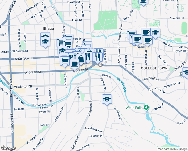map of restaurants, bars, coffee shops, grocery stores, and more near 114 Hudson Street in Ithaca