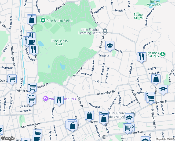 map of restaurants, bars, coffee shops, grocery stores, and more near 31 Huntley Street in Malden