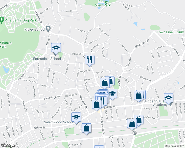 map of restaurants, bars, coffee shops, grocery stores, and more near 254 Lebanon Street in Malden