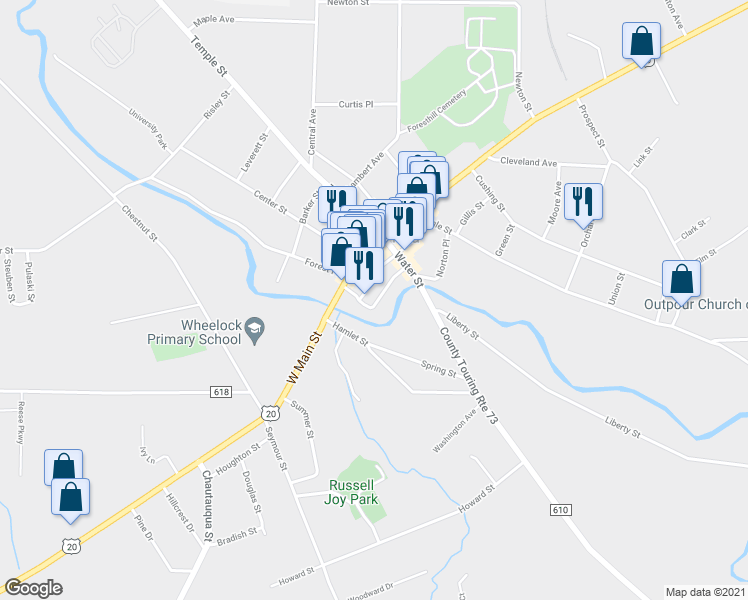 map of restaurants, bars, coffee shops, grocery stores, and more near 32 Canadaway Street in Fredonia