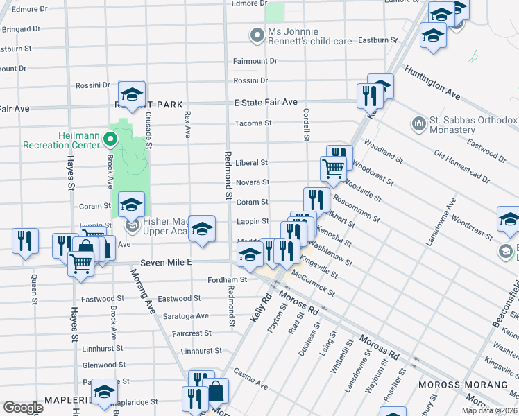 map of restaurants, bars, coffee shops, grocery stores, and more near 16060 Coram Street in Detroit