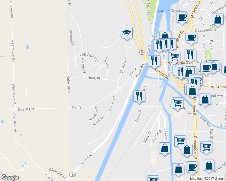 map of restaurants, bars, coffee shops, grocery stores, and more near 302 Elm Street in Ithaca
