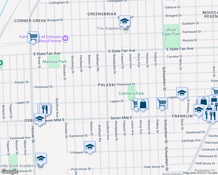 map of restaurants, bars, coffee shops, grocery stores, and more near 19400 Goulburn Avenue in Detroit