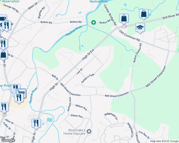 map of restaurants, bars, coffee shops, grocery stores, and more near 79 Settler's Path in Lancaster