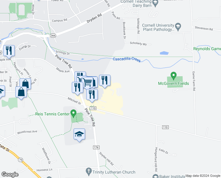 map of restaurants, bars, coffee shops, grocery stores, and more near 411 Summerhill Lane in Ithaca