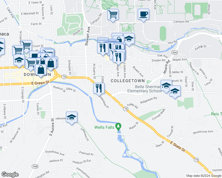 map of restaurants, bars, coffee shops, grocery stores, and more near 118 Blair Street in Ithaca